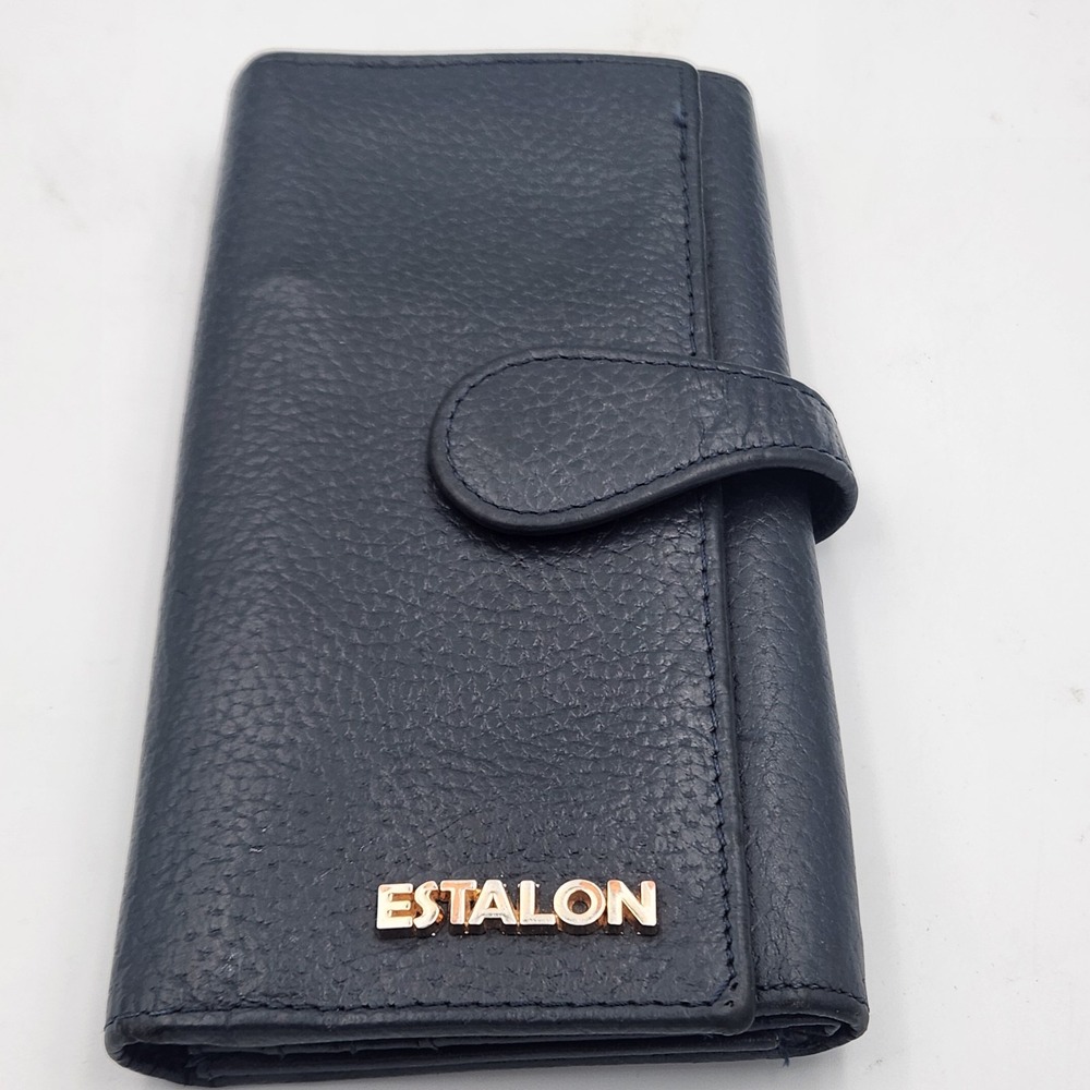 Estalon Pebbled Leather‎ RFID Long Wallet Trifold Snap Closure - Navy Blue
